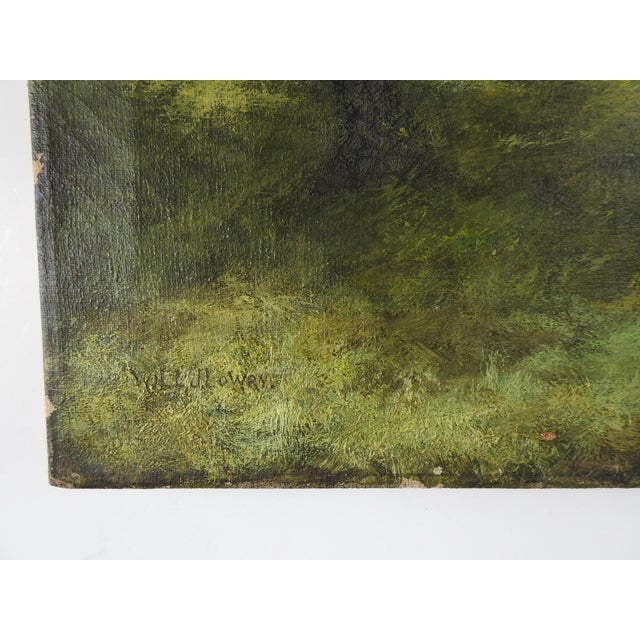 Late 19th century romantic secluded cottage with tiny duck and flowering trees oil on canvas by William Lowry (19th...