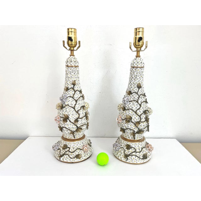 1950s Applied Floral Porcelain Tree of Life Lamps, Pair For Sale - Image 9 of 18