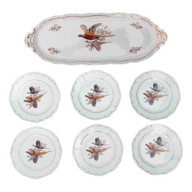 Sandwich Plate Porcelain Set with Pheasants Motifs by Zsolnay Hungary, 1970s, Set of 7 For Sale