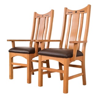 Charles Rennie Mackintosh Style Arts & Crafts Inlaid Oak High Back Armchairs, Pair For Sale