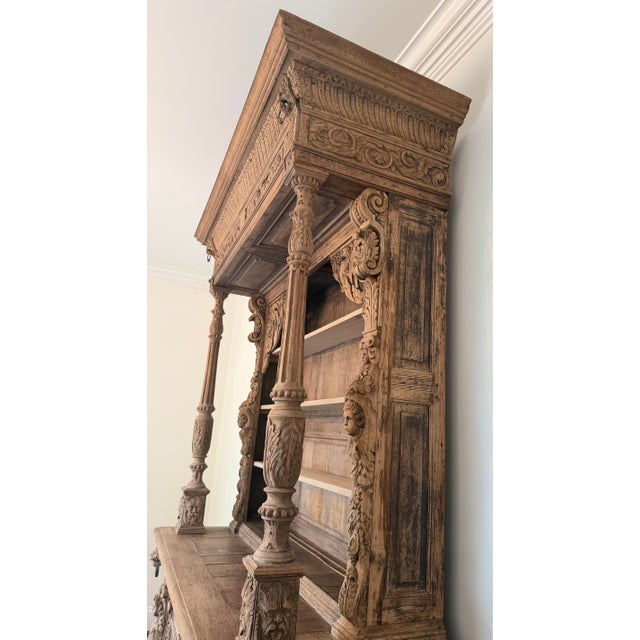 19th Century French Antique Carved Bleached Oak Buffet / Hutch For Sale - Image 9 of 12