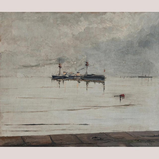 Spanish Pelayo Steam Warship, 1890s-1910s, Oil on Canvas For Sale - Image 8 of 8