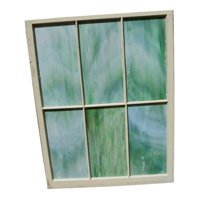 Vintage Large Green Blue & White Slag Glass 6 Pane Window Panel From Va Church For Sale