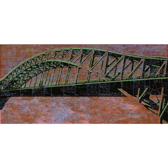 A color serigraph depicting a steel arch bridge rendered in black and green tones over a layered red and orange ground....