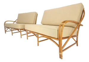 New Gold Linen Upholstery Bamboo 2 Part Sectional Sofa c1970s