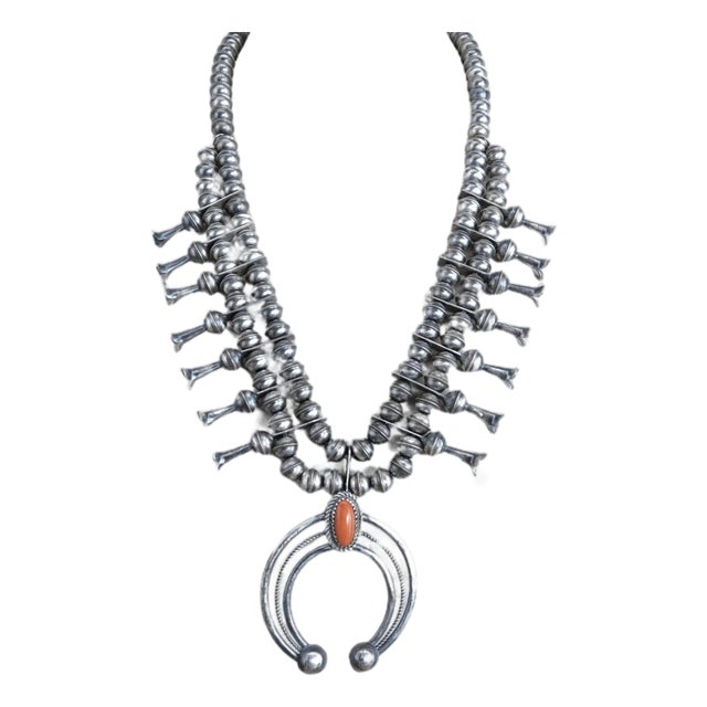 Phil Garcia Navajo Sterling and Coral Squash Blossom Necklace For Sale