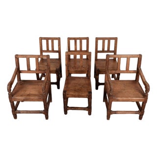 Mid 20th Century Set of 6 Spanish Revival Rustic Carved Oak Dining Chairs For Sale