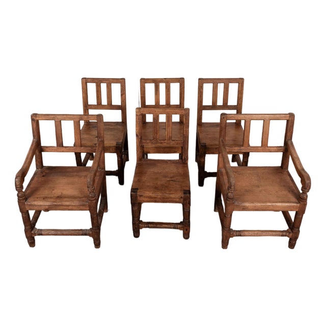 Mid 20th Century Set of 6 Spanish Revival Rustic Carved Oak Dining Chairs For Sale
