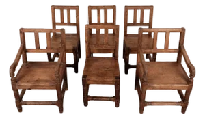 Mid 20th Century Set of 6 Spanish Revival Rustic Carved Oak Dining Chairs