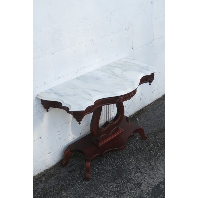 Brown Mid 20th Century Victorian Style Marble Top Harp Design Console Entry Table For Sale - Image 8 of 17