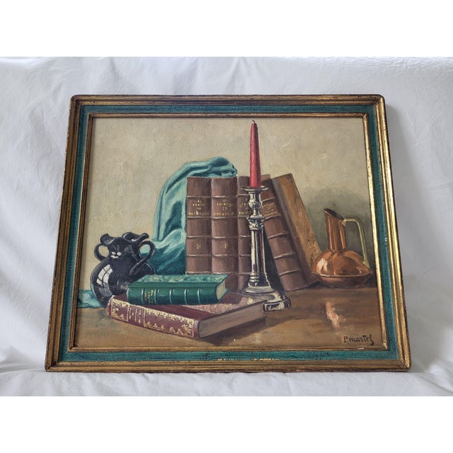 F Martel, French Still Life with Books and Candle, 1920s, Oil on Panel For Sale - Image 9 of 9