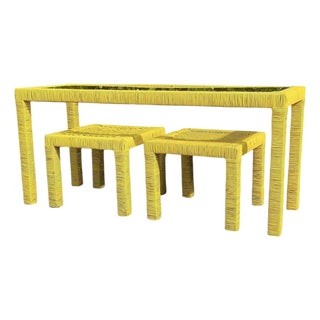 Vintage Organic Modern Wrapped Rattan Console Table With Two Matching Stools For Sale