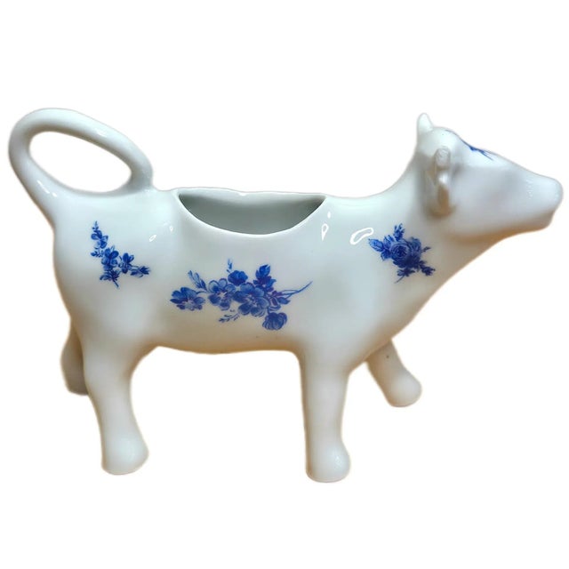 1950s French Porcelain Cow Creamer – Blue Floral Pattern | Marked “France f.d. Véritable Porcelaine” | 7” Long Ceramic Pitcher For Sale - Image 4 of 14