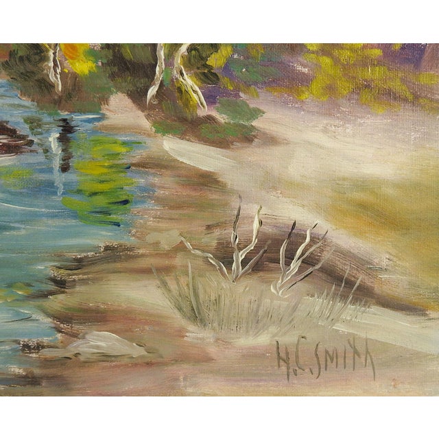 Mid 20th century oil on canvas board impressionist painting of mountain stream landscape. Signed H C Smith lower right...