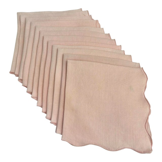 Vintage Linen Dinner Napkins Pink With Scallped Handkerchief Edges - a Set of 12 For Sale