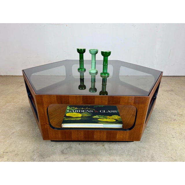 Lane Furniture 1970’s Mid Century Modern Lane Furniture Hexagonal Coffee Table, Smoked Glass Top For Sale - Image 4 of 12
