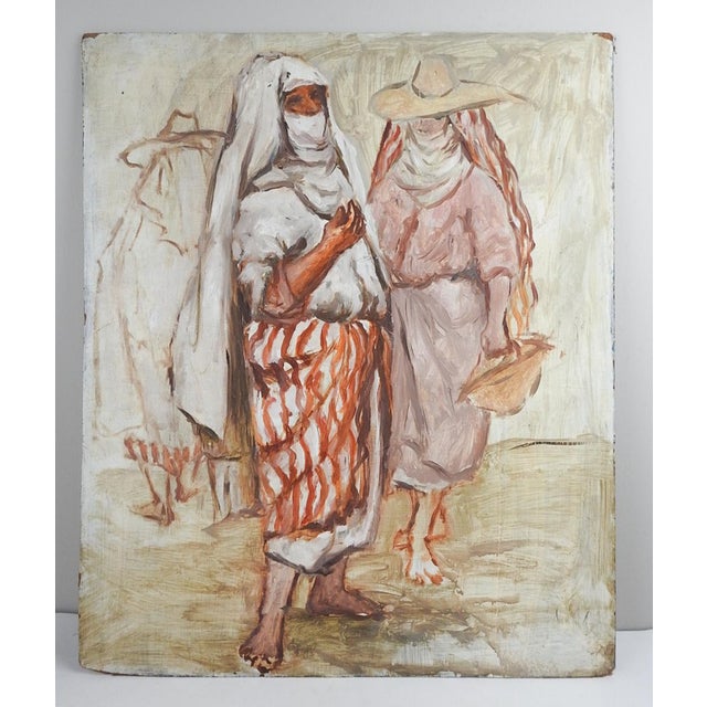 Vintage mid 20th century gouache on masonite market scene painting. Unsigned. Unframed, edge and corner wear.