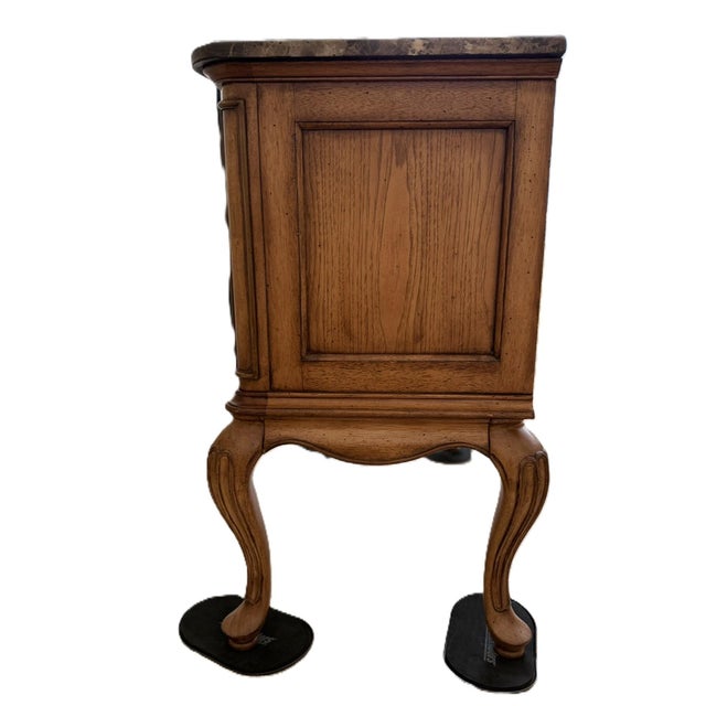 Wood Pair of French Provincial Burl Wood Nightstands With Marble Tops – Bombe Chest Style For Sale - Image 7 of 13
