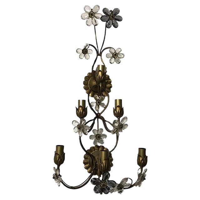 Large Vintage Italian Single Wall Light with Murano Glass Flowers For Sale