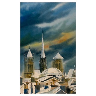 Jacques Tornare, Cathédrale St-Pierre Under the Snow, Watercolor, 1990s For Sale