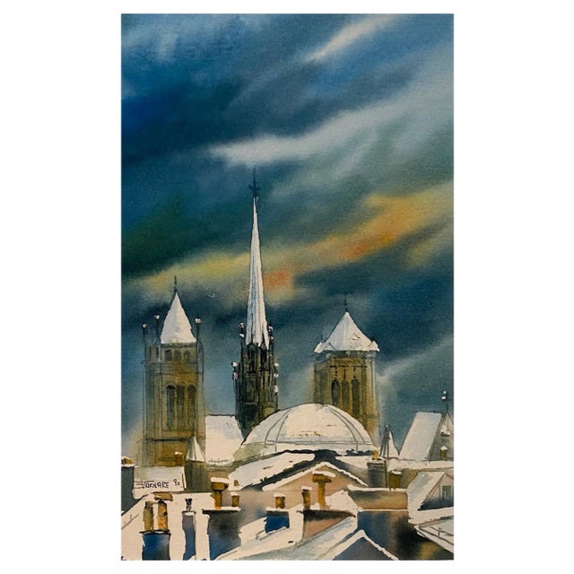 Jacques Tornare, Cathédrale St-Pierre Under the Snow, Watercolor, 1990s For Sale