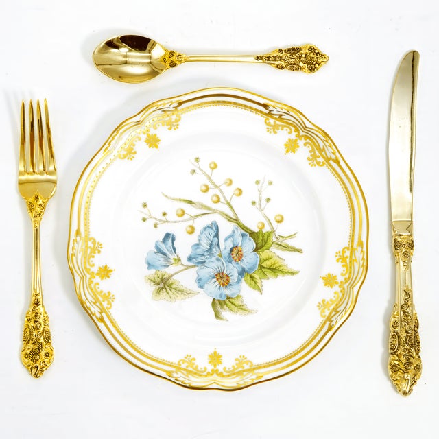 1980s Spode Stafford Flowers Sida & Acacia English Bone China Dessert/Salad Plates- Set of 6 For Sale In Washington DC - Image 6 of 10