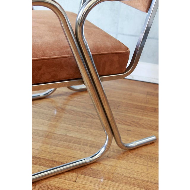 Pair of Mid-Century Modern Side Chairs in Light Chocolate Suede For Sale - Image 9 of 11