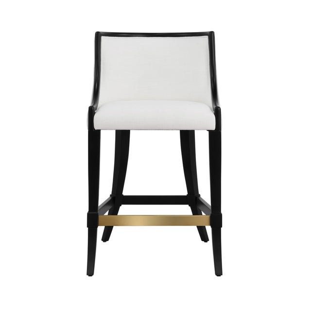 2020s Matthew Izzo Home Keaton Matte Black Klismos Leg Counter Stool With White Performance Linen Upholstery and Brass Foot Rail For Sale - Image 5 of 5