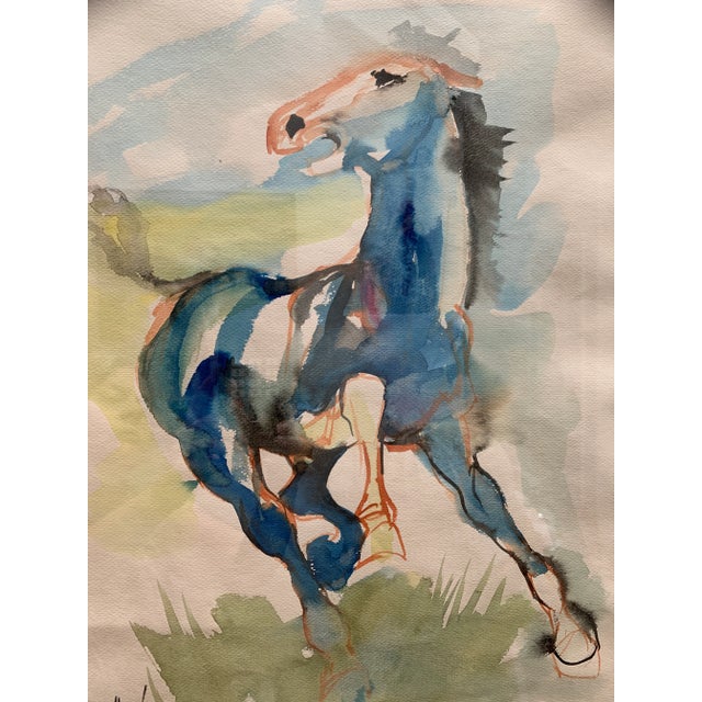 Blue Vintage Framed Original Signed Watercolor Horse Painting For Sale - Image 8 of 12