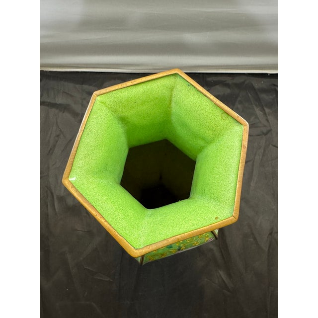 Antique Chinese Canton Enamel 17” Hexagonal Vase: Court Ladies & Wisteria For Sale - Image 4 of 9