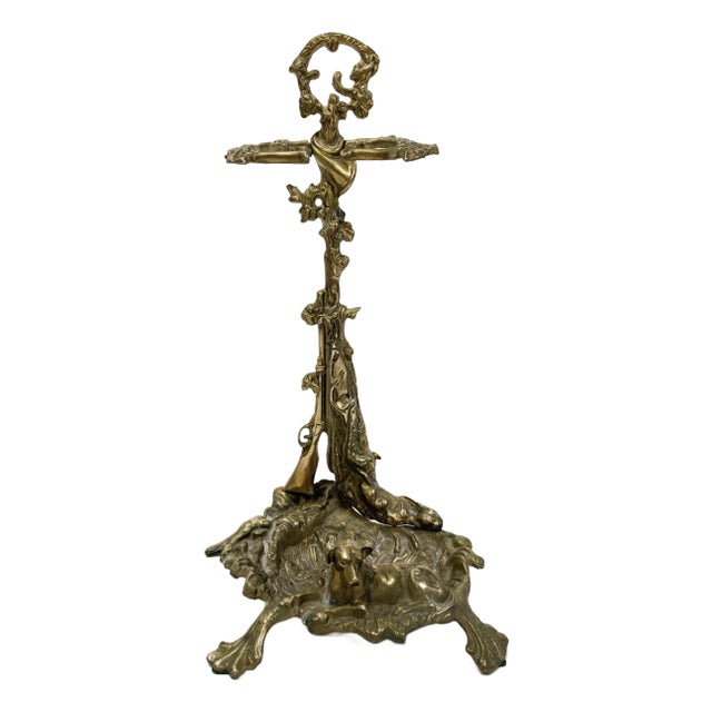 Antique French Cast Brass Hunting Motif Umbrella Stand or Fireplace Tool Holder For Sale