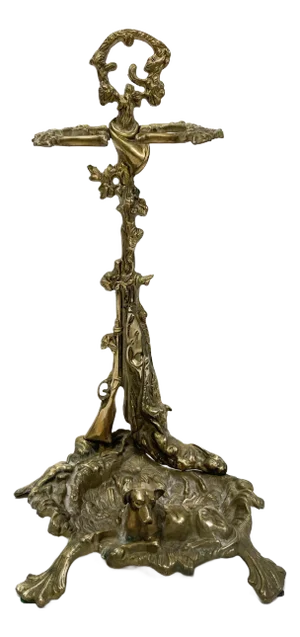 Antique French Cast Brass Hunting Motif Umbrella Stand or Fireplace Tool Holder