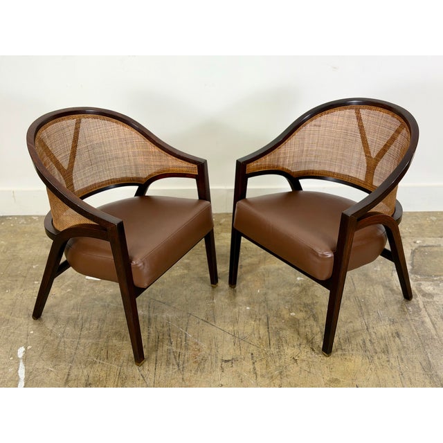 Edward Wormley for Dunbar Y Back Captains Chairs - Mid Century Rosewood + Leather + Cane For Sale - Image 9 of 12