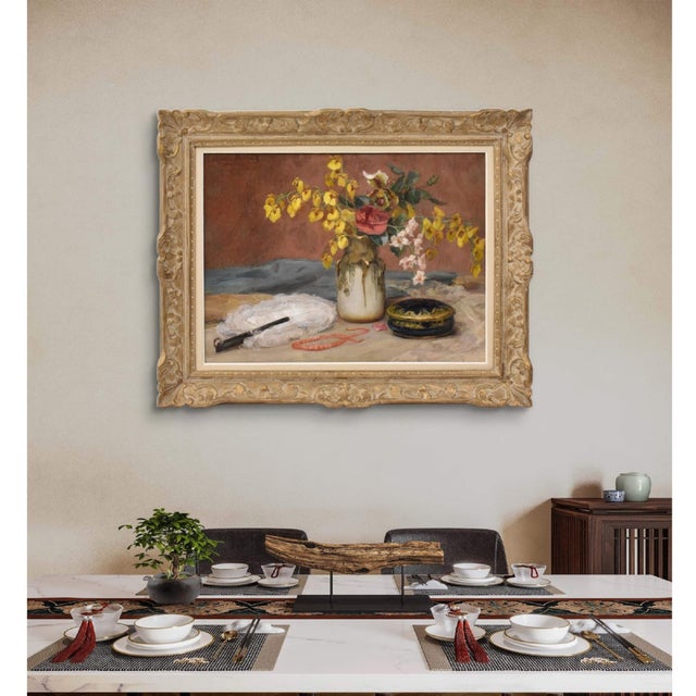 These antique still life paintings with flowers depict a vase of spring flowers with peach or cherry blossoms, dating to...