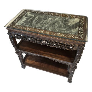 Antique Chinese Black Lacquer & Mother-of-Pearl Marble Top Tiered Table Late 19th Century | Qing Dynasty Influence For Sale