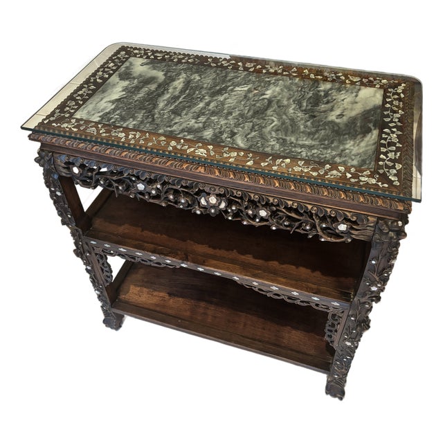 Antique Chinese Black Lacquer & Mother-of-Pearl Marble Top Tiered Table Late 19th Century | Qing Dynasty Influence For Sale