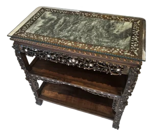 Antique Chinese Black Lacquer & Mother-of-Pearl Marble Top Tiered Table Late 19th Century | Qing Dynasty Influence