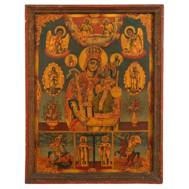Antique 19th C Greek Orthodox Icon Virgin Mary & Jesus St. George & Dragon 1800 For Sale - Image 17 of 18