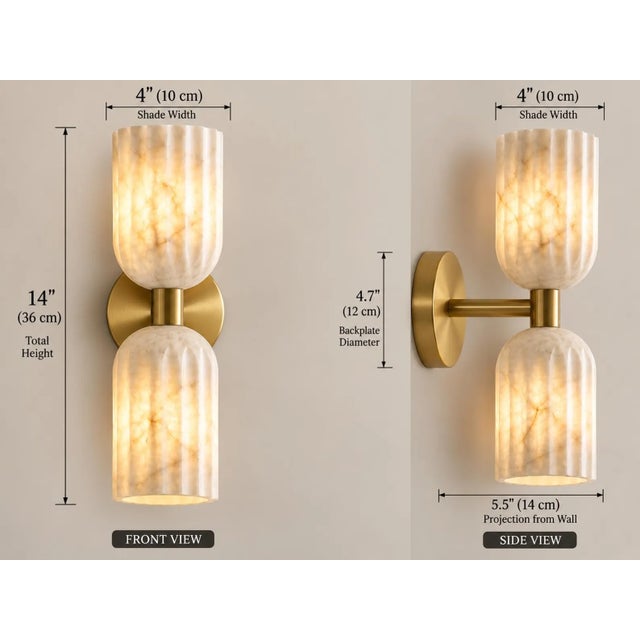 Alabaster Handcrafted Brass & Natural Alabaster, Double Wall Sconces, Bathroom & Bedroom Lighting - Pair For Sale - Image 8 of 9