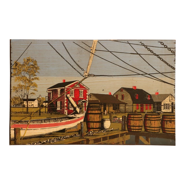 New England Harbor Scene Wood Panel Screen Print For Sale