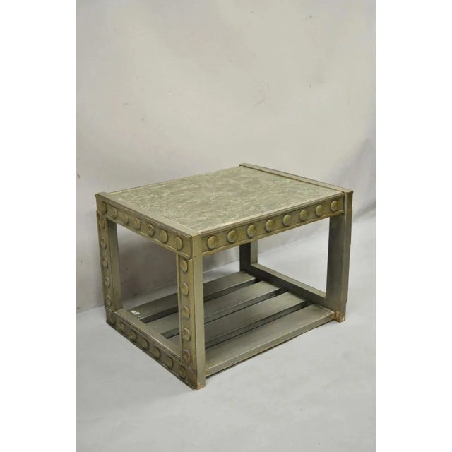 Vintage Mid Century Modern James Mont Style Silver Brutalist Side End Table. Item features a faux marble wooden lacquer...