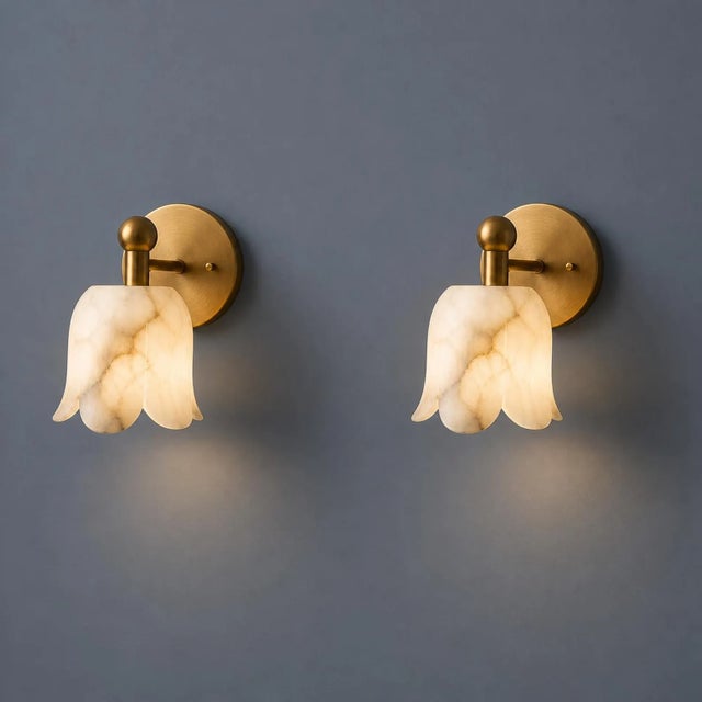 Alabaster Brass Alabaster Flower Wall Sconces, Brass Ruffle Alabaster Flower Shade, Wall Sconce Marble Wall Light Pair of 2 For Sale - Image 8 of 11