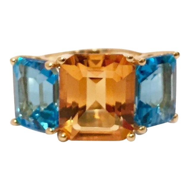 Christina Addison 18kt Yellow Gold Mini Emerald Cut Ring With Citrine and Blue Topaz For Sale