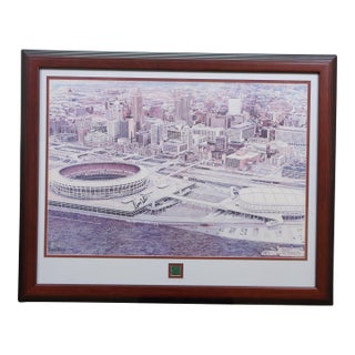 Late 20th Century Steve Ford Signed Riverfront Stadium Cincinnati Reds Bengals Lithograph 33" For Sale