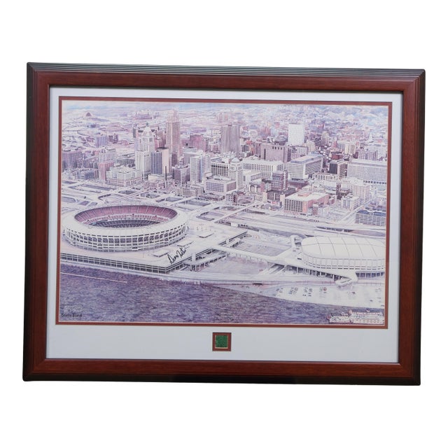 Late 20th Century Steve Ford Signed Riverfront Stadium Cincinnati Reds Bengals Lithograph 33" For Sale