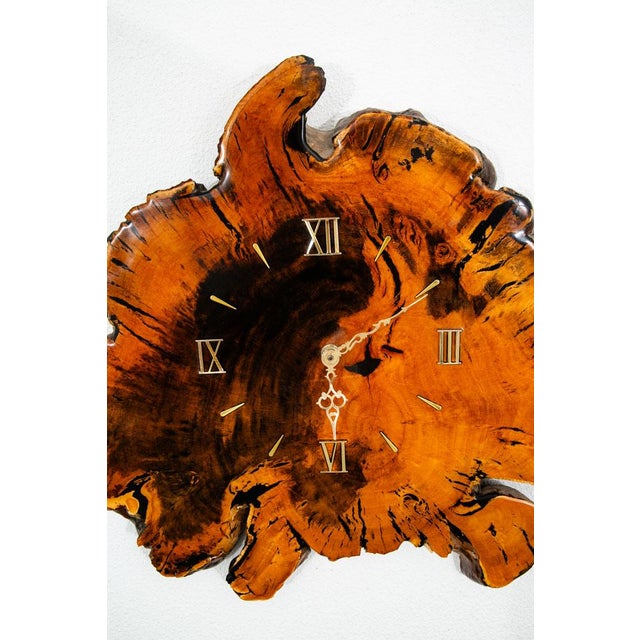 Mid Century Modern Clock Wood Burl Wall Brass Gold Danish Vintage MCM For Sale - Image 9 of 12