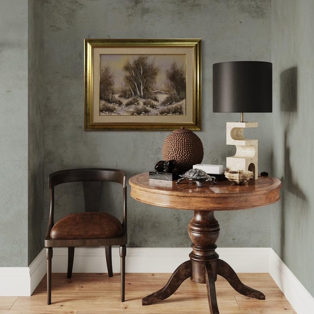 Italian painting of the second half of the 20th century. Oil painting on canvas depicting a winter forest landscape with a...