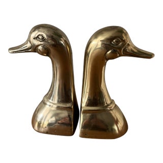 1970s Brass Mallard Duck Head Bookends-a Pair For Sale