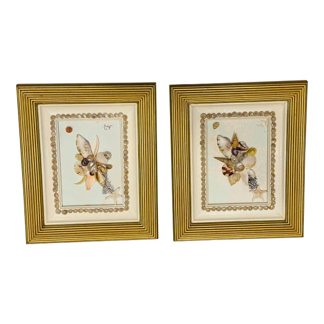 1960s Pair of Lovely Shell Art Signed and Framed For Sale