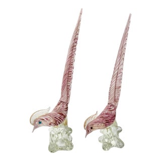 Pair of Vintage Italian Murano Pink Blown Glass Pheasant-Form Bird Sculptures For Sale